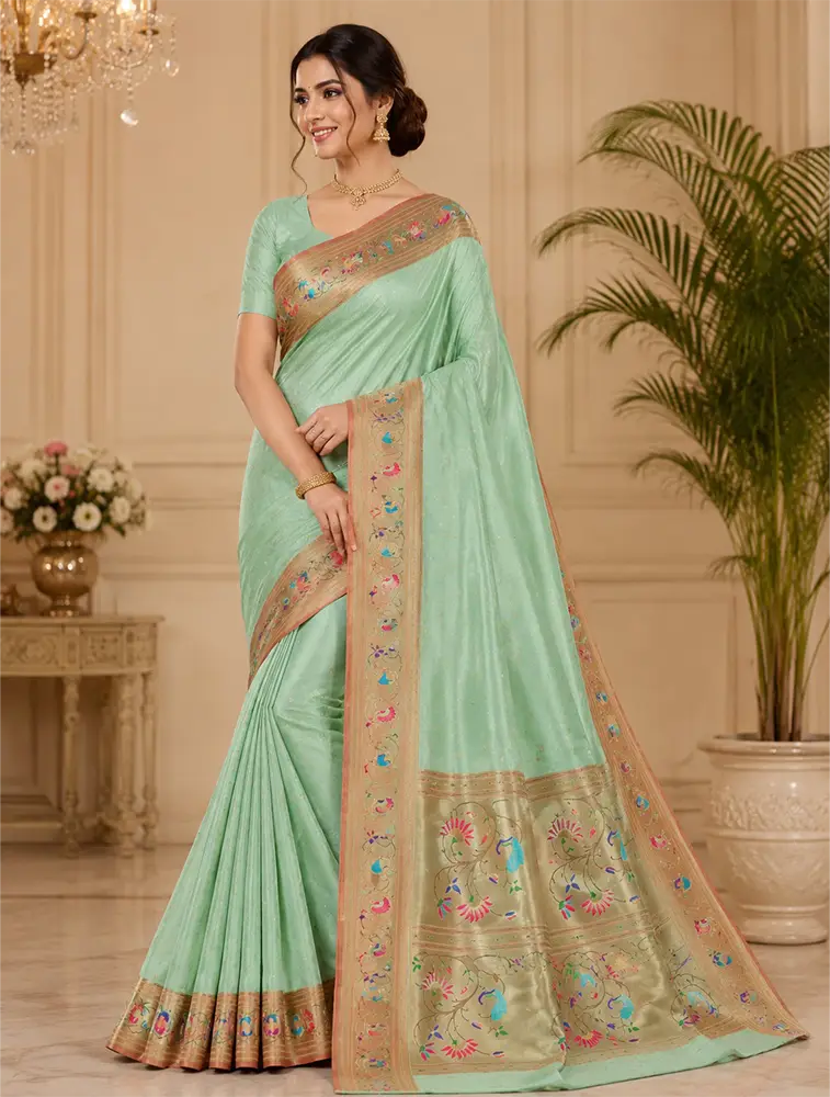 Olive green Womens Premium Semi Paitani Sarees With Flower Border