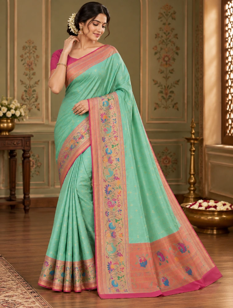 Olive green Womens Premium Semi Paitani Sarees With Flower Border