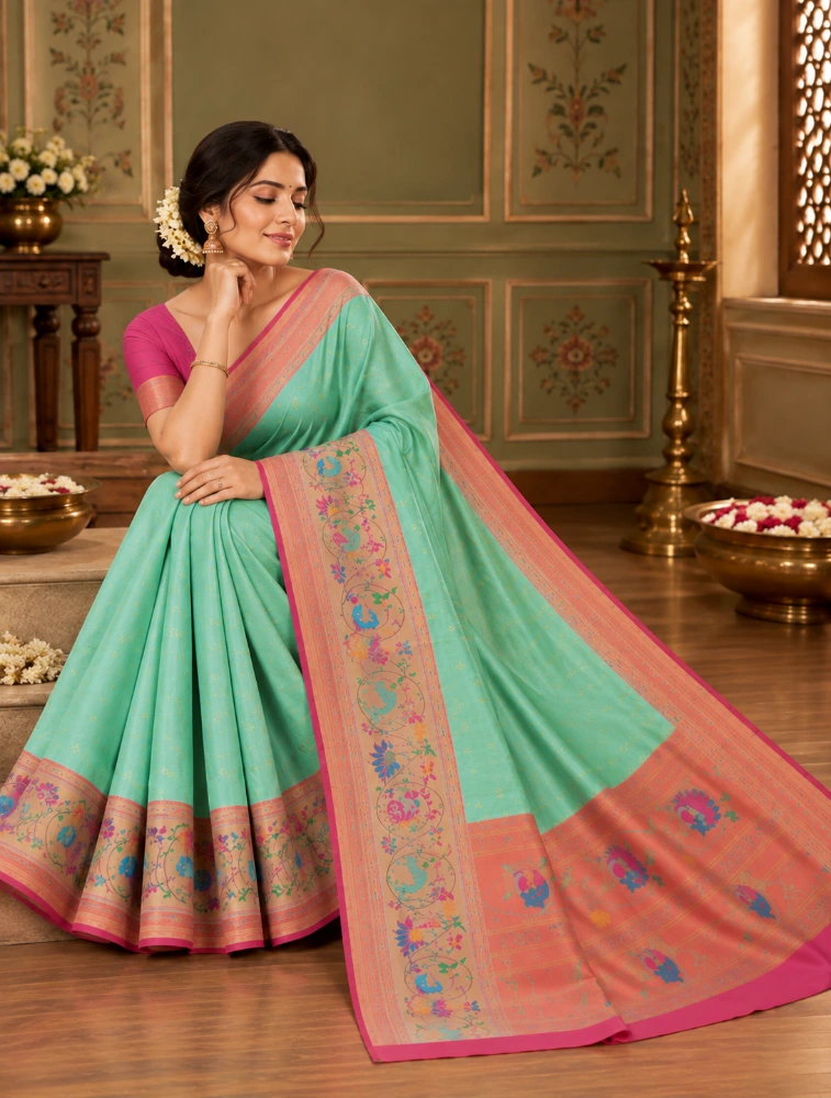 Olive green Womens Premium Semi Paitani Sarees With Flower Border