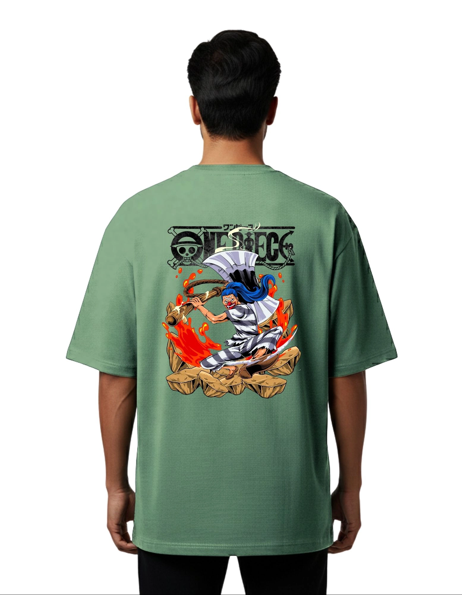 One Piece Campfire Warrior Oversize Cotton French Terry T-Shirt 240 GSM D Green