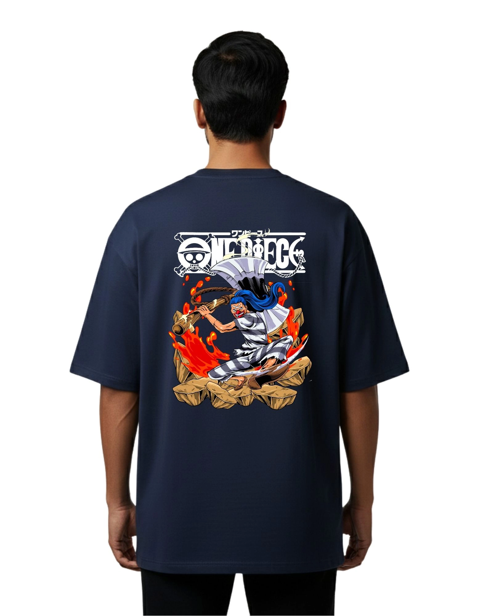 One Piece Campfire Warrior Oversize Cotton French Terry T-Shirt 240 GSM Navy Blue