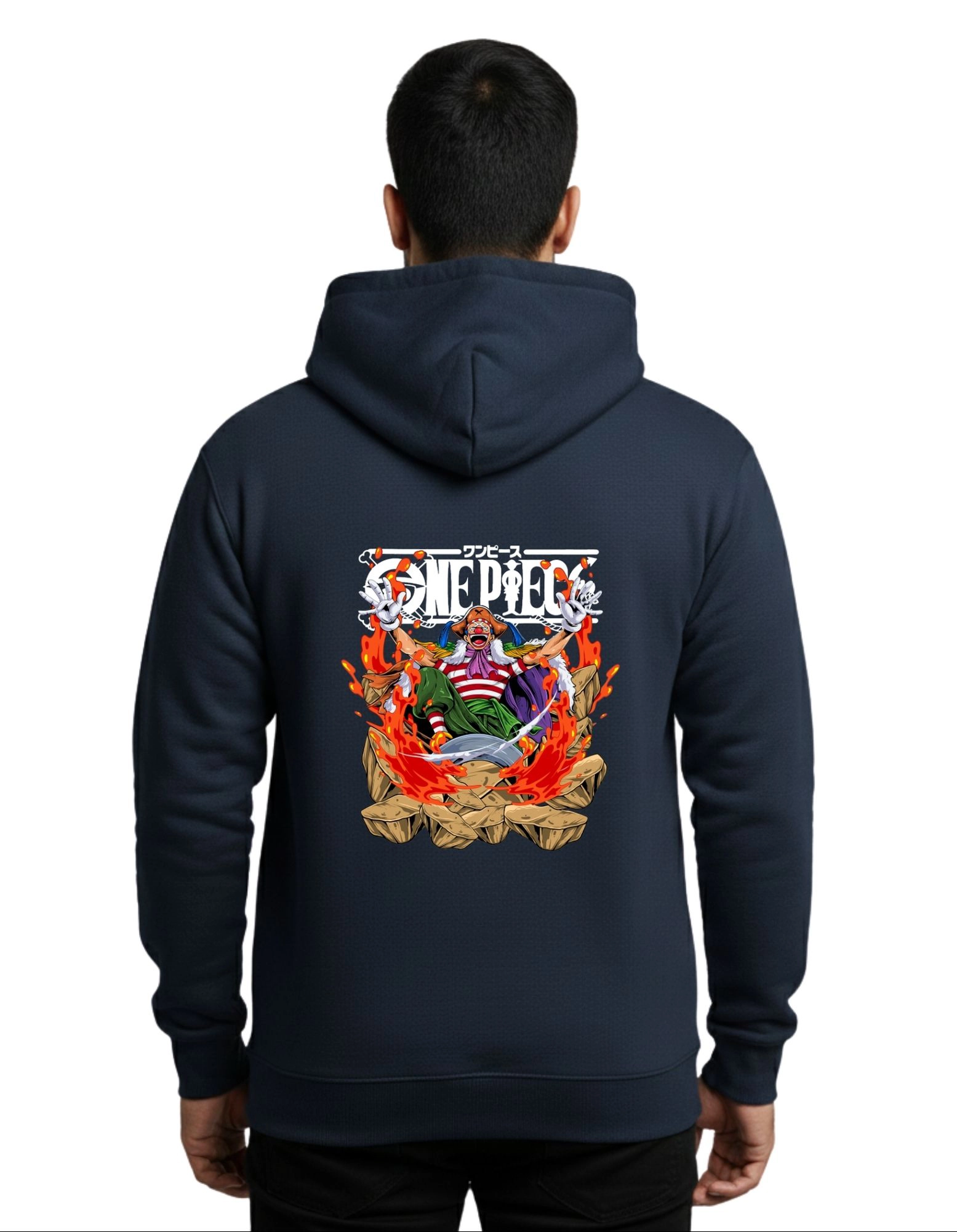 One Piece Fire Pirate Cotton Hoodie Without Zipper 300 GSM Navy Blue
