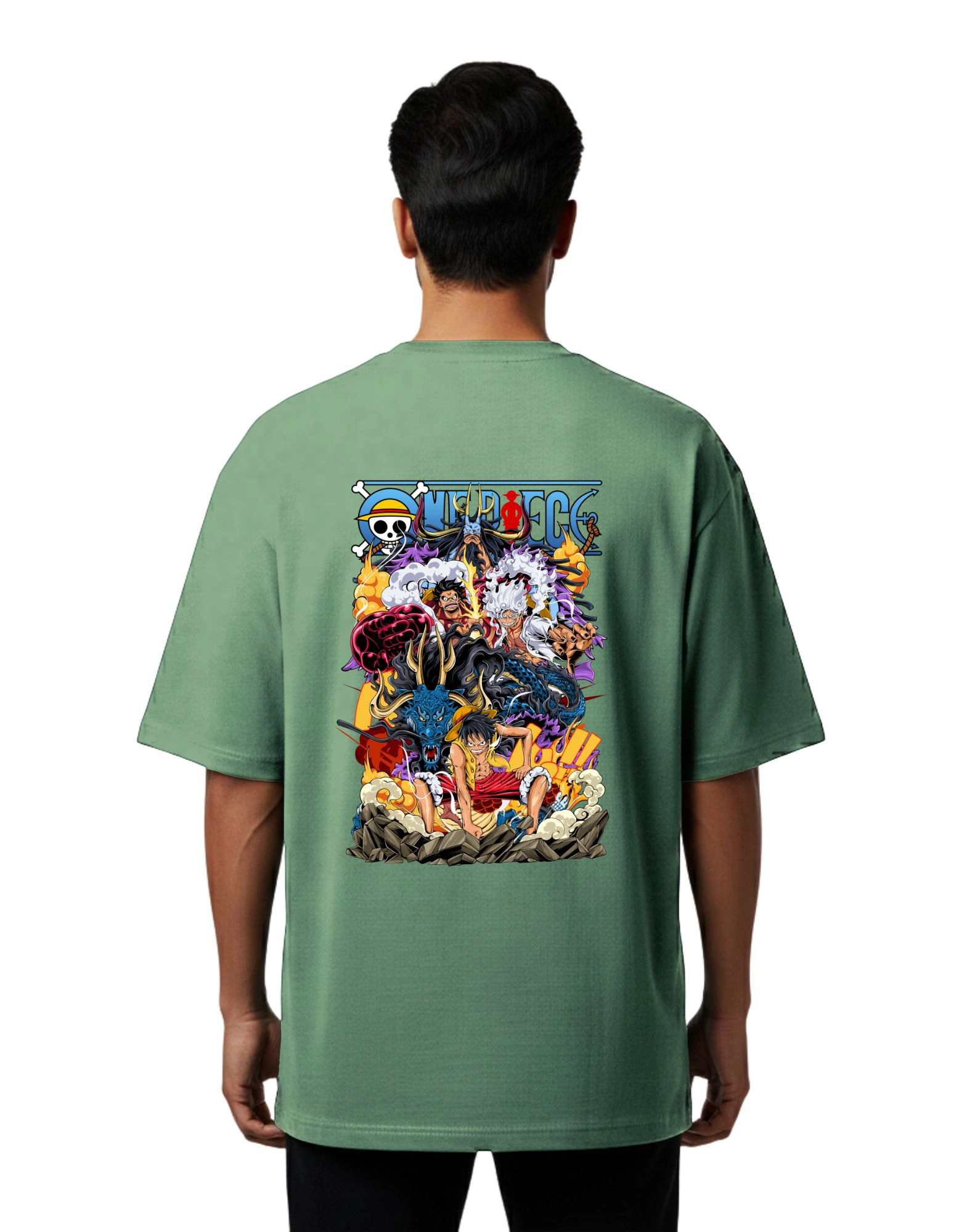 One Piece Luffy Gear Oversize Cotton French Terry T-Shirt 240 GSM D Green