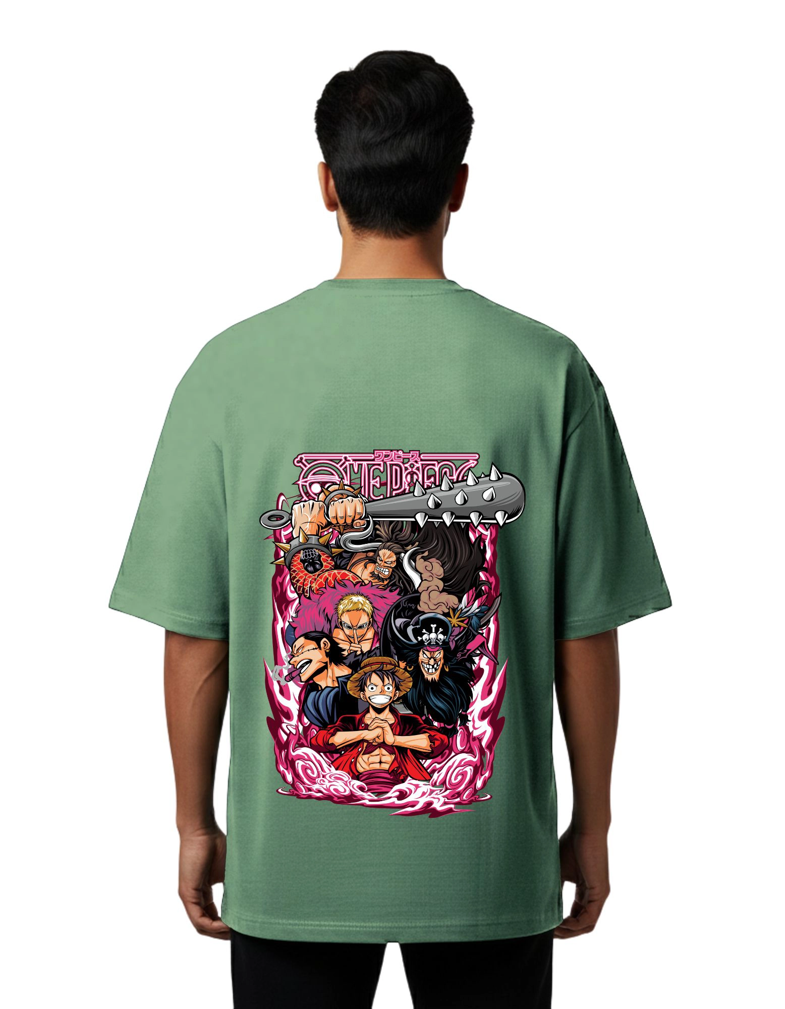 One Piece Pirate Crew Oversized French Terry Half Sleeve T-Shirt 240 GSM D Green