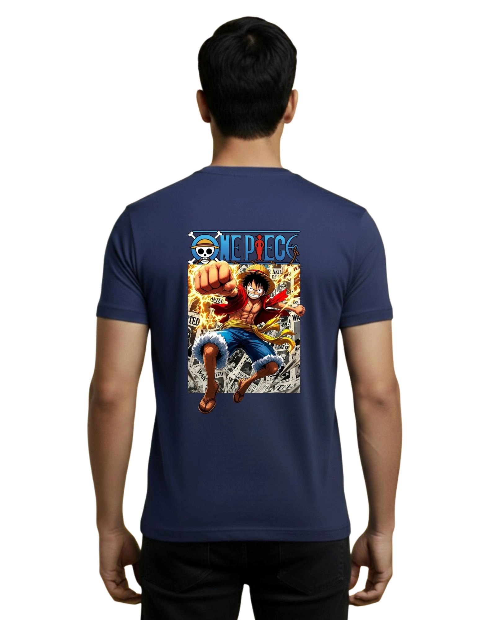 One Piece Straw Hat Cotton Round Neck T-Shirt 180 GSM Navy Blue