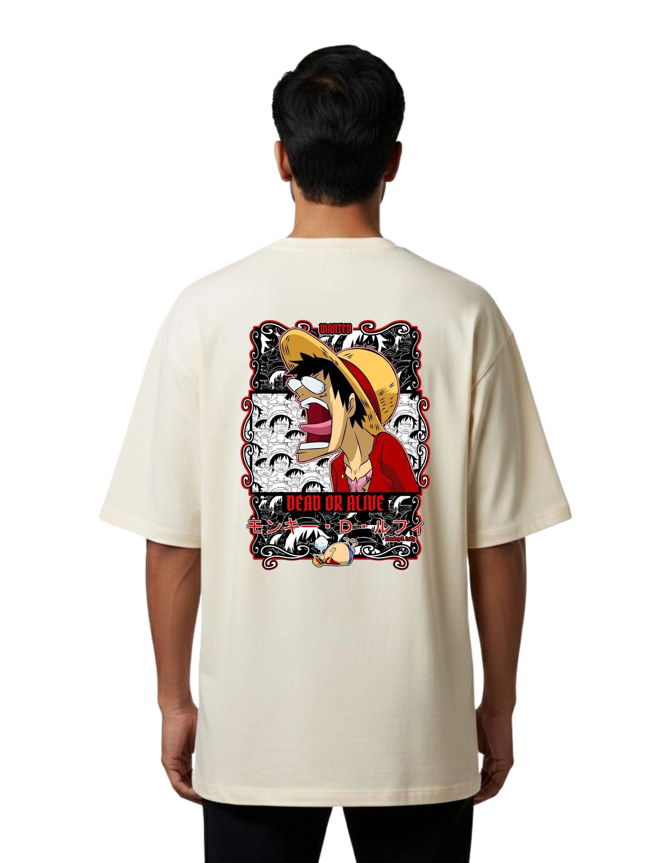 One Piece Wanted Dead or Alive Oversize Cotton French Terry T-Shirt 240 GSM Beige