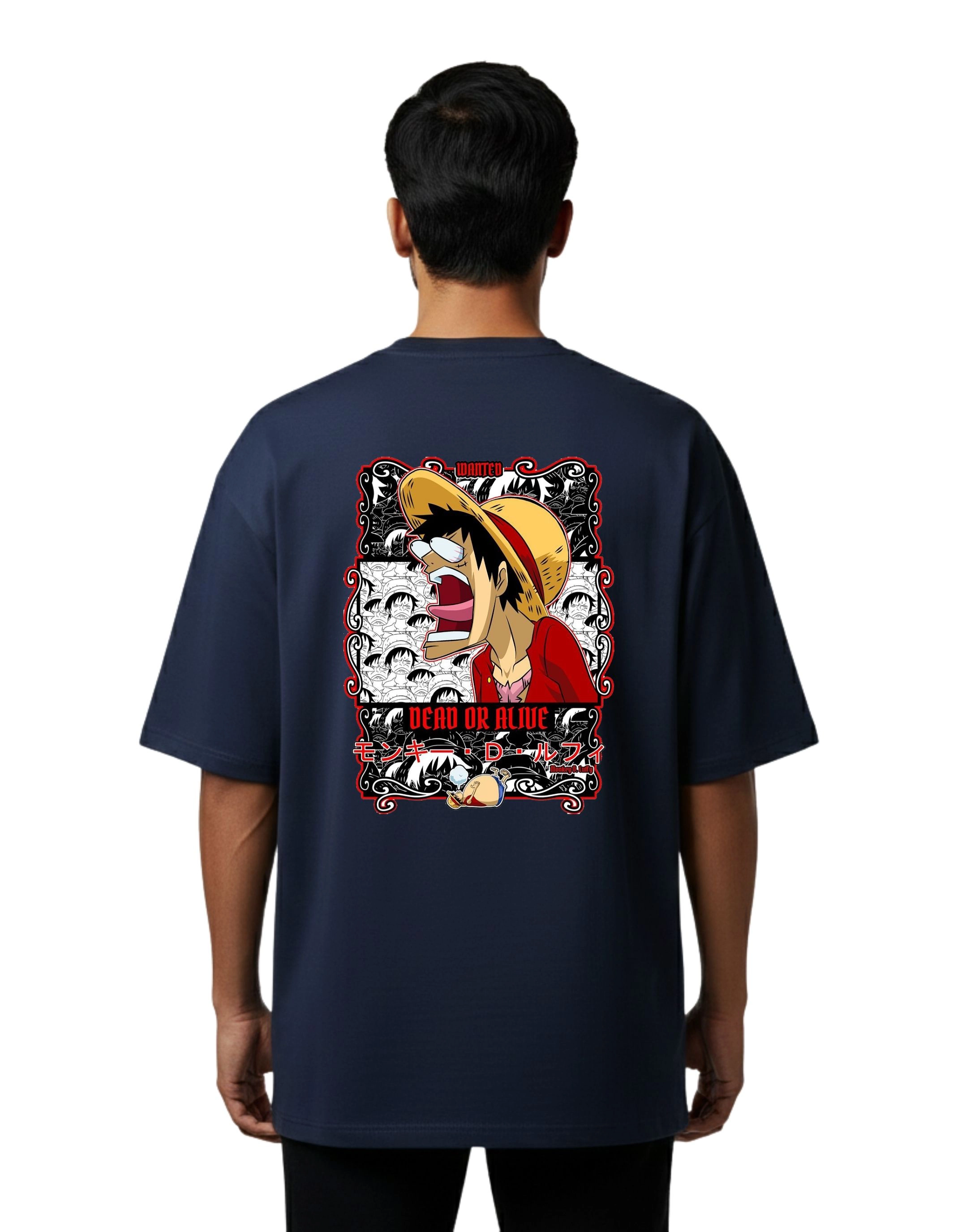 One Piece Wanted Dead or Alive Oversize Cotton French Terry T-Shirt 240 GSM Navy Blue