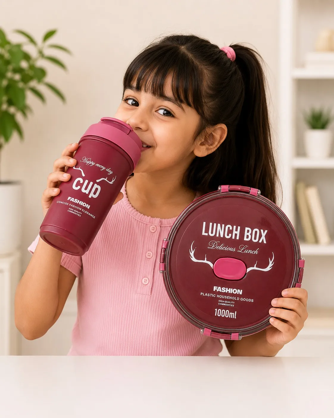 Onion Pink Fresh Round Premium Meal Lunch Box And Sipper Bottle Combo Set