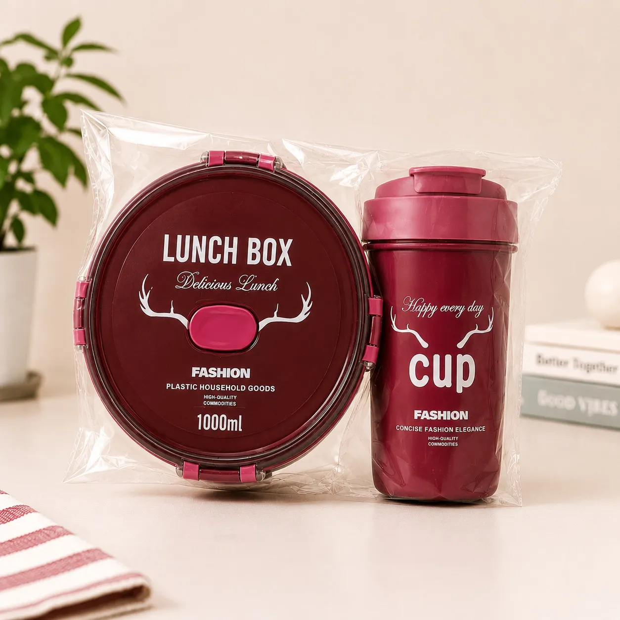 Onion Pink Fresh Round Premium Meal Lunch Box And Sipper Bottle Combo Set 