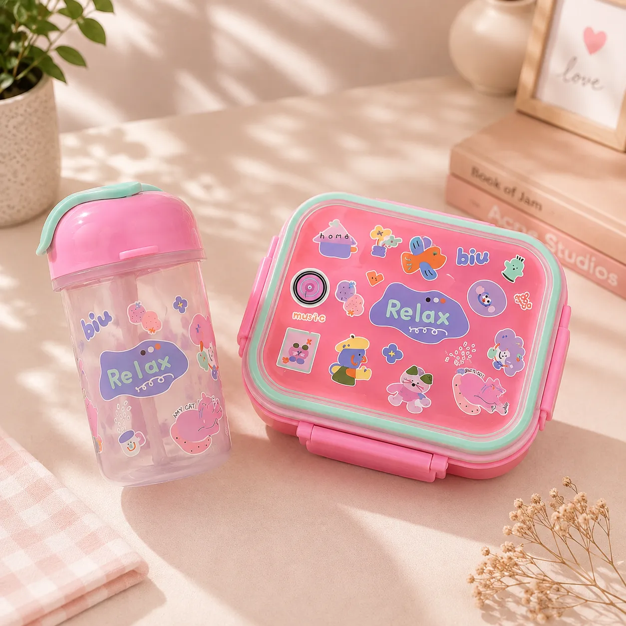 Onion Pink Tiny Bloom Premium Lunch Box Sipper Bottle Combo Set