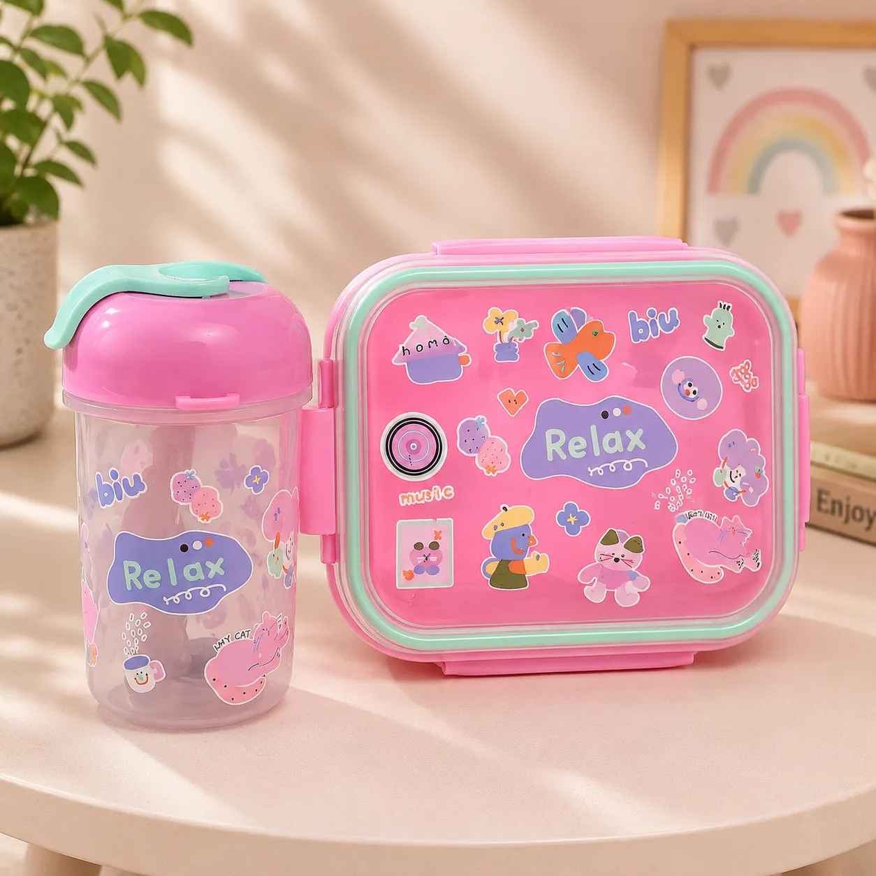 Onion Pink Tiny Bloom Premium Lunch Box Sipper Bottle Combo Set