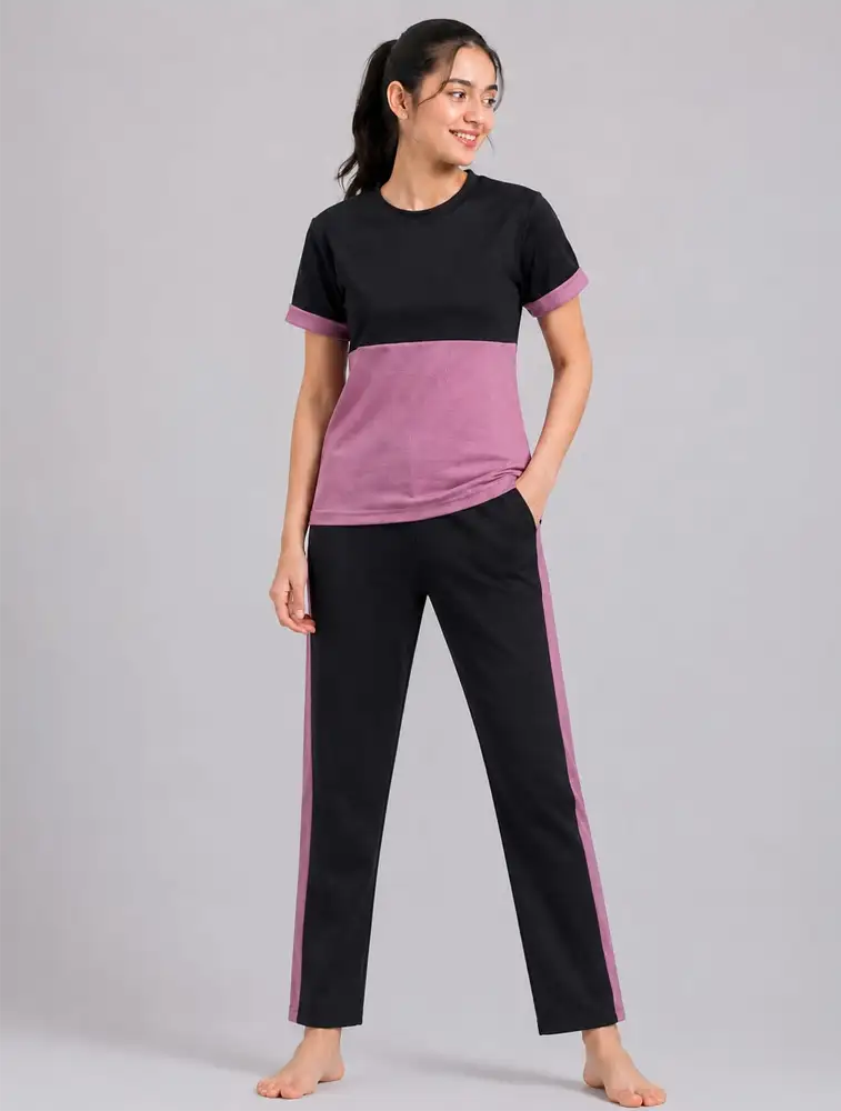 Onion Pink and Black Patta Sport Onion Night Suit