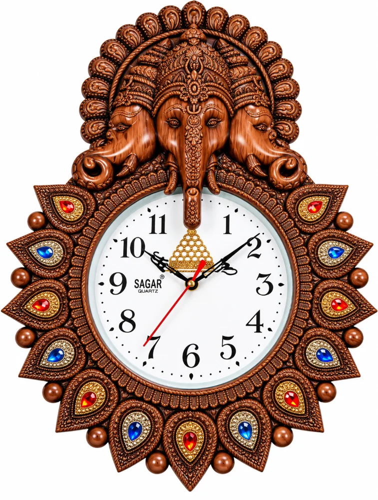 Maqurs Orange Designer Three Face Ganesh Wall Clock