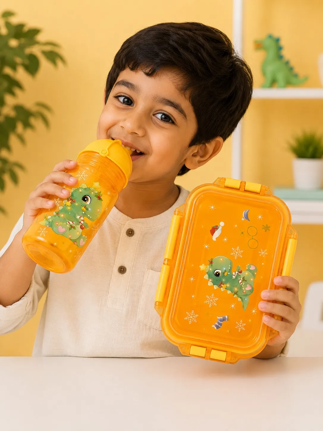 Orange Happy Kids Cartoon Lunch Box And Sipper Bottle Combo Set