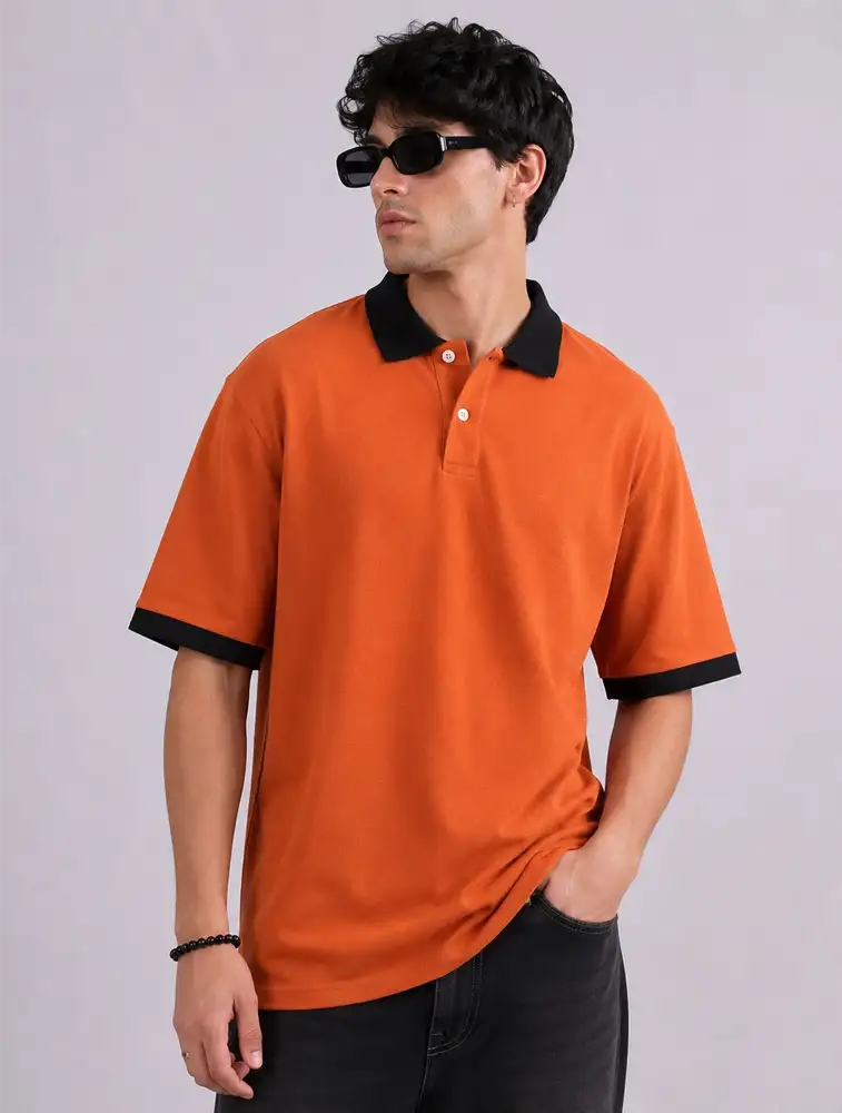 Orange Mens Collar Polo Neck T Shirt