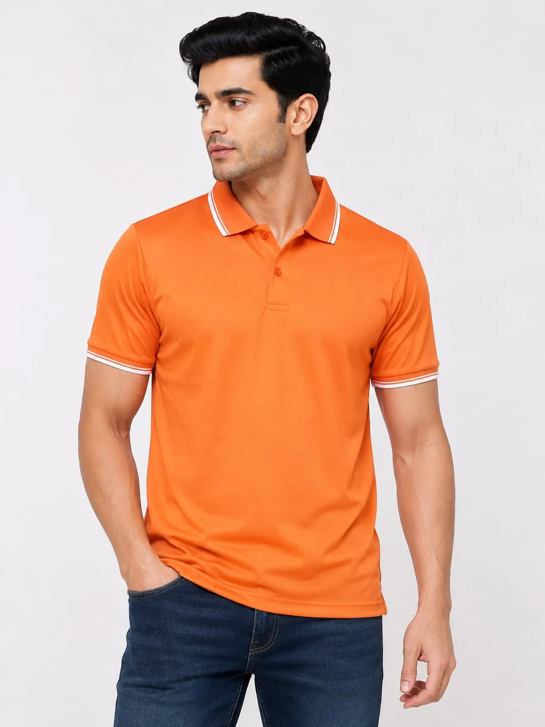 Orange Mens Premium Primo Knit 200 GSM Polo TShirt With White Collor And Sleeve Tipping 