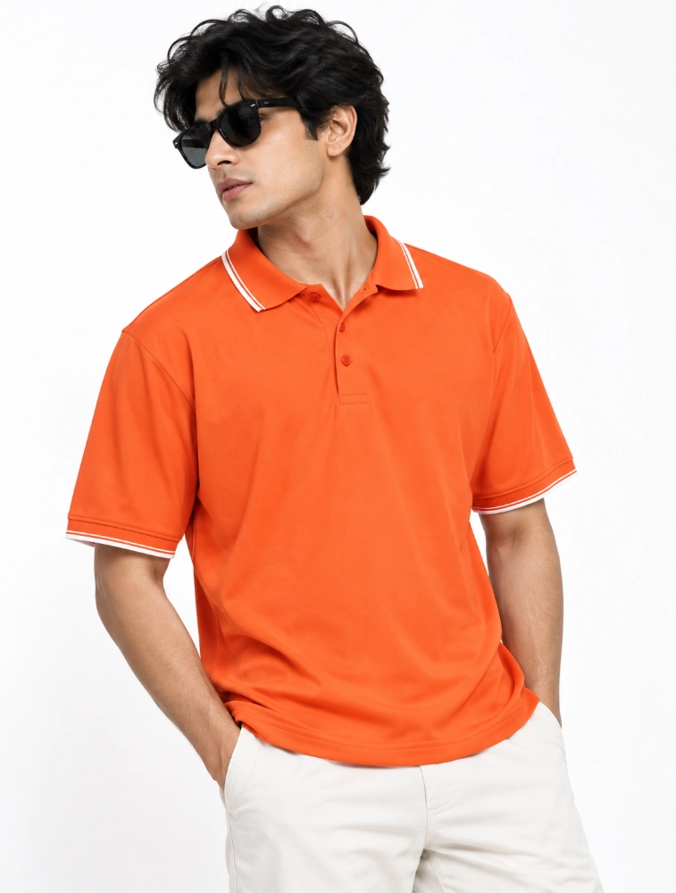 Orange Mens Premium Primo Knit 200 GSM Polo TShirt With White Collor And Sleeve Tipping