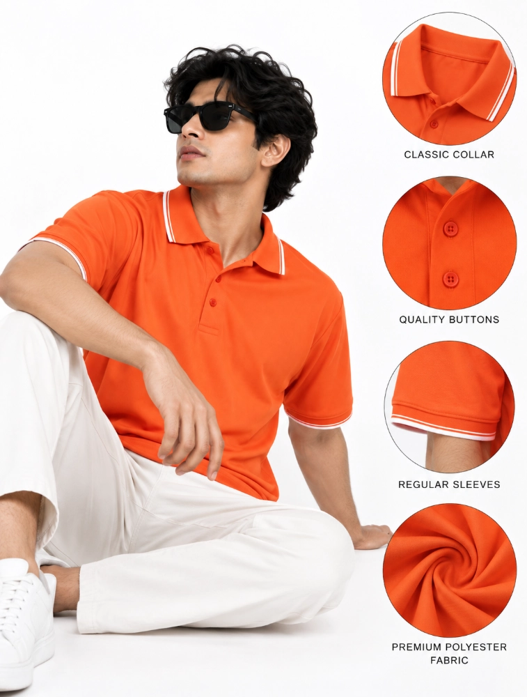 Orange Mens Premium Primo Knit 200 GSM Polo TShirt With White Collor And Sleeve Tipping