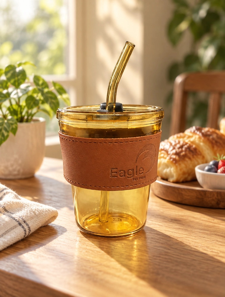 Orange Reusable Glass Coffee Cup with Lid And Heat Resistant Orange Leather Sleeve