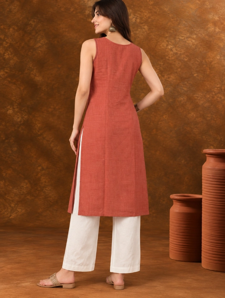 Orange Women Ethnic Sleeveless Straight Kurta
