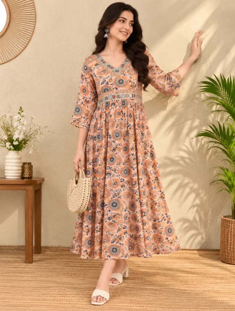 Orange Womens Elegant Floral Printed Casual Top