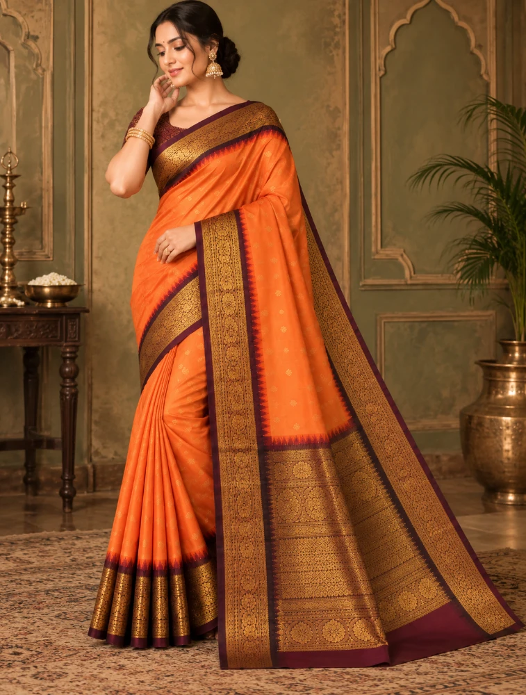 Orange Womens Premium Semi Gadwal Saree