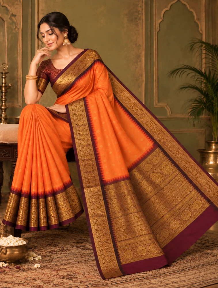 Orange Womens Premium Semi Gadwal Saree