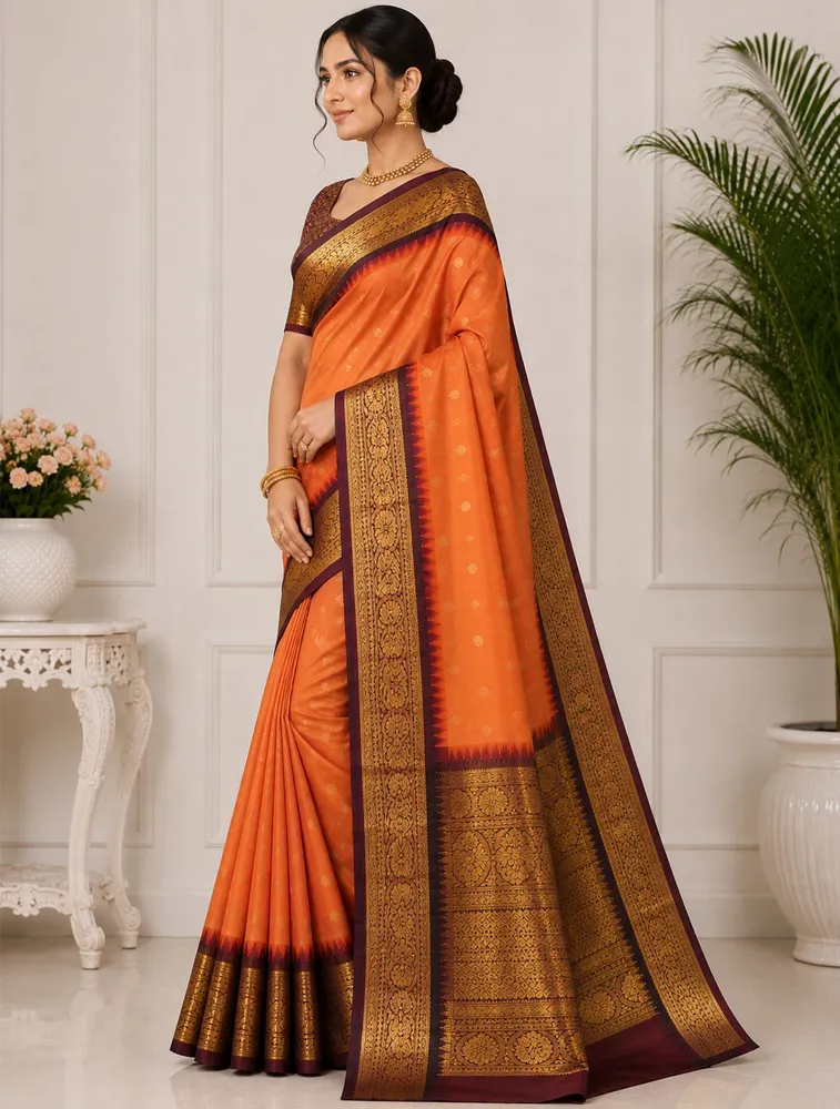 Orangish Red Womens Premium Semi Gadwal Saree