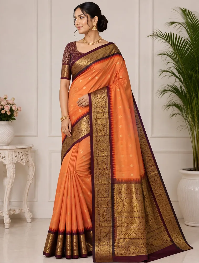 Orangish Red Womens Premium Semi Gadwal Saree 