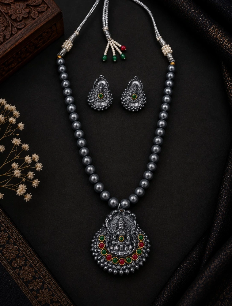 Oxidized Silver Aaradhya Temple Art Terracotta Jewellery Set