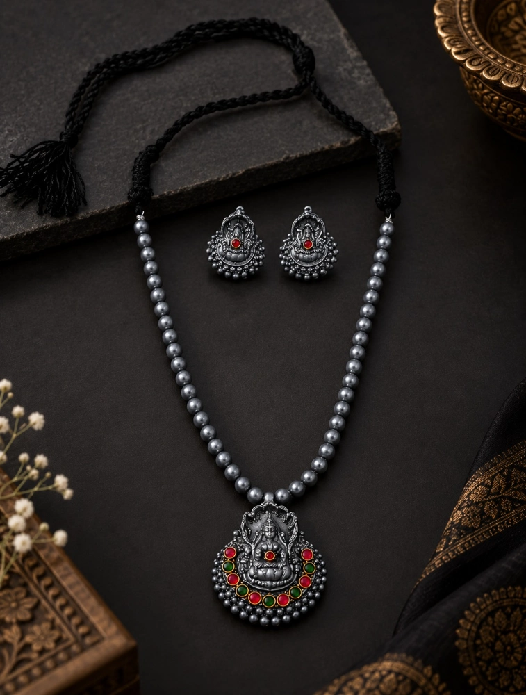 Oxidized Silver Aaradhya Temple Art Terracotta Jewellery Set