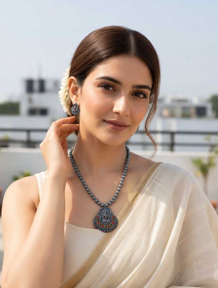 Oxidized Silver Aaradhya Temple Art Terracotta Jewellery Set  