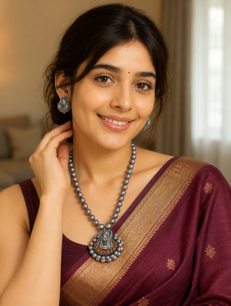 Oxidized Silver Divine Temple Style Pendant and Sanatana Gold Beads Terracotta Jewellery Set