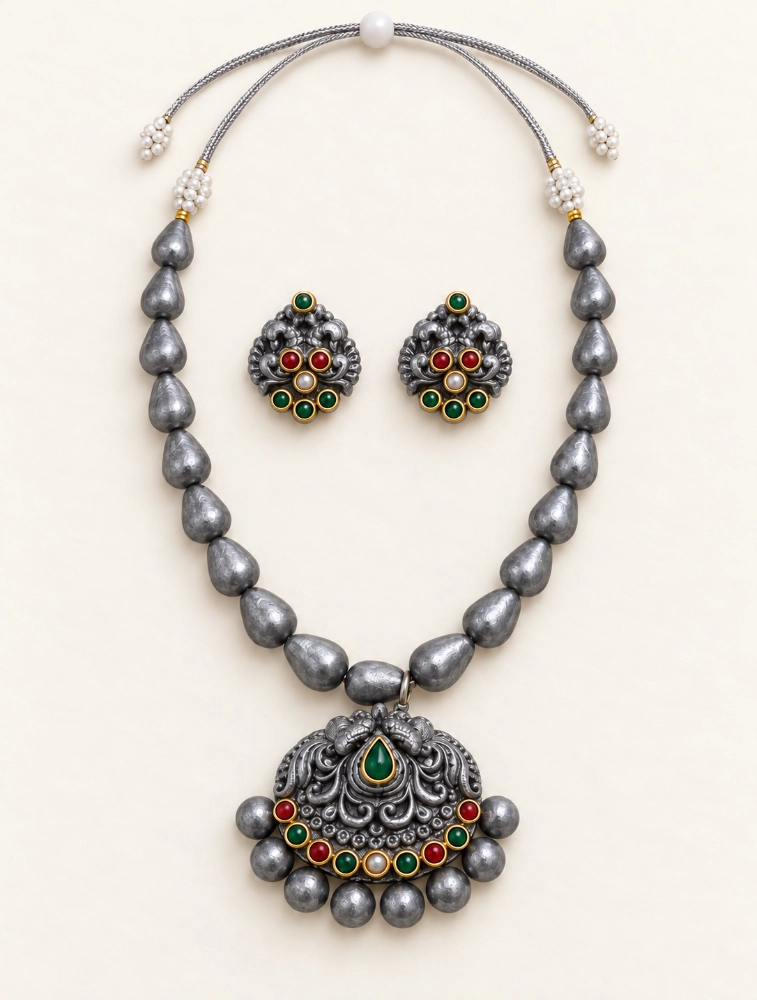 Oxidized Silver Festive Royal Elegance Traditional Terracotta Jewellery Set