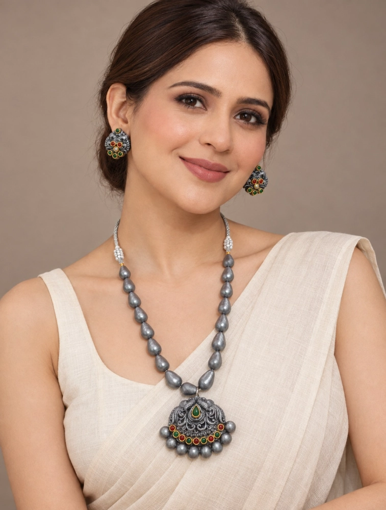 Oxidized Silver Festive Royal Elegance Traditional Terracotta Jewellery Set