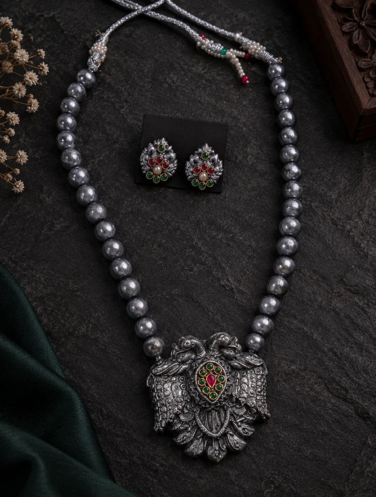 Oxidized Silver Gandabaruda Pendant with Beads Terracotta Jewellery Set