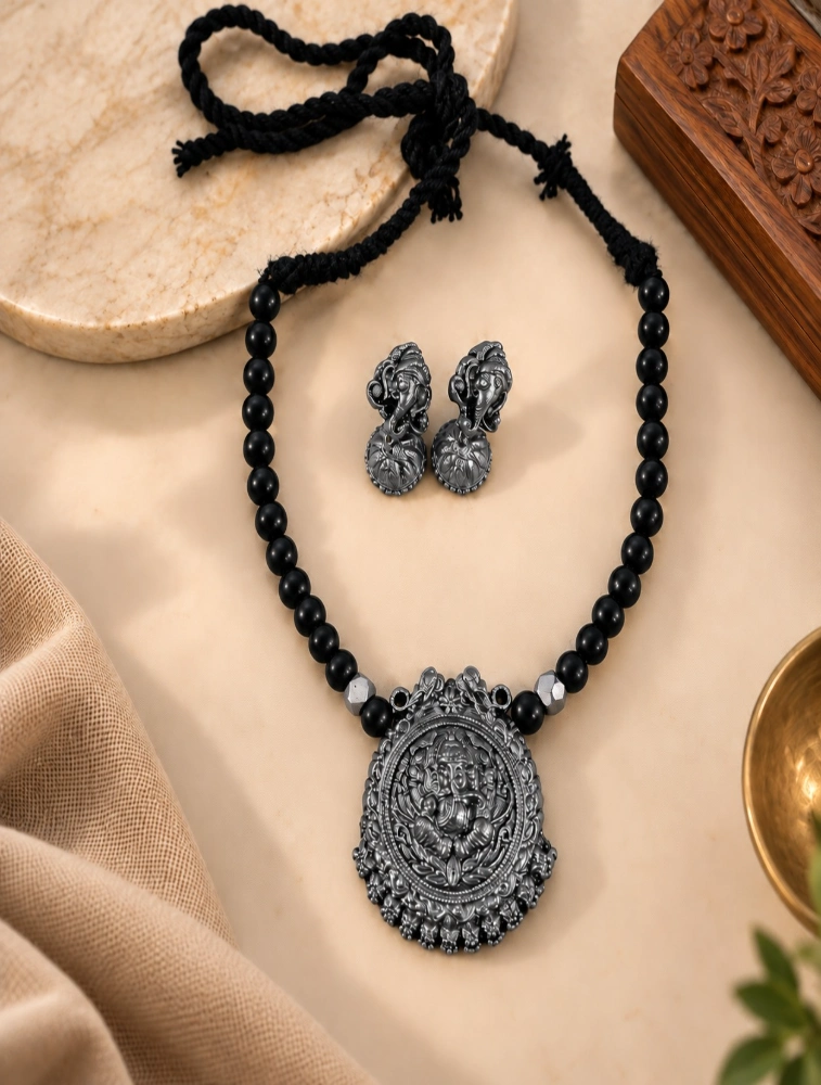 Oxidized Silver Lord Ganesha  Pendant Terracotta Jewellery Set