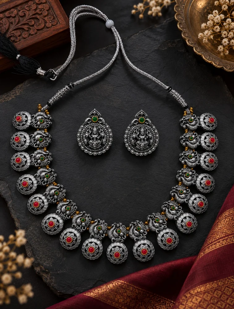 Oxidized Silver Mayura Shringar Royal Traditional Terracotta Jewellery Set