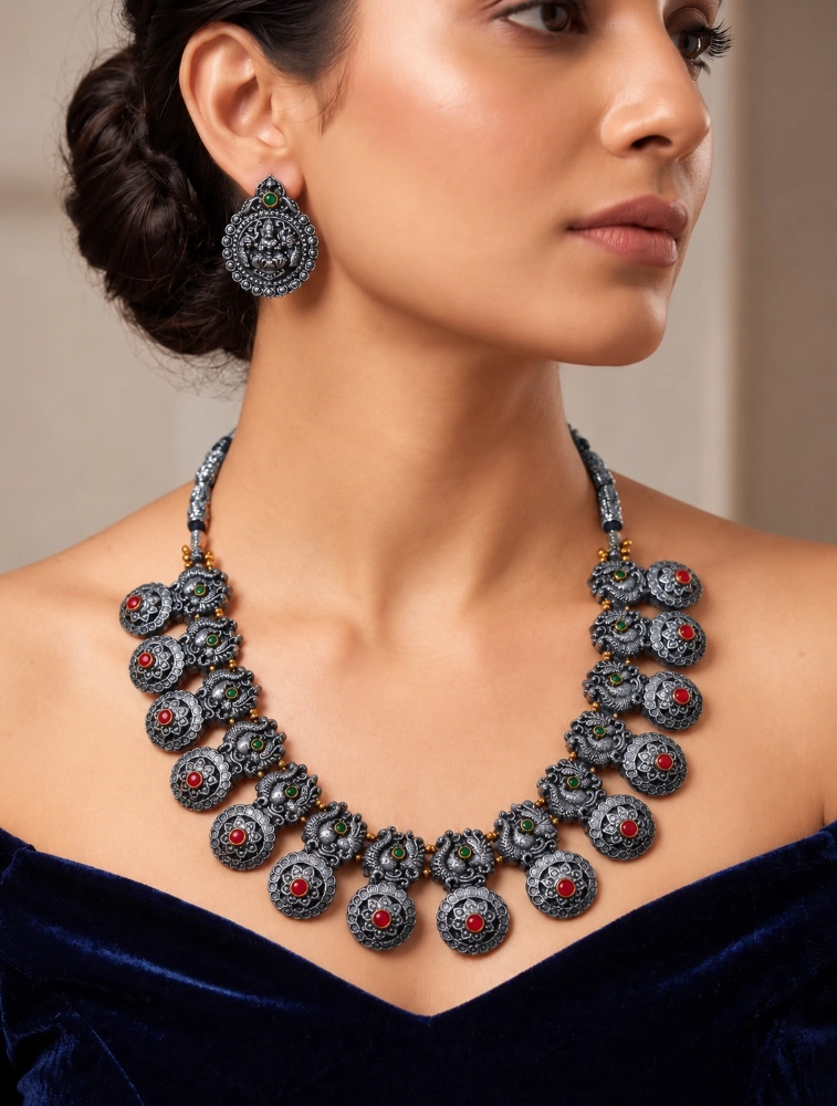 Oxidized Silver Mayura Shringar Royal Traditional Terracotta Jewellery Set