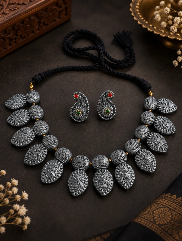 Oxidized Silver Rajmala Terracotta Jewellery Set