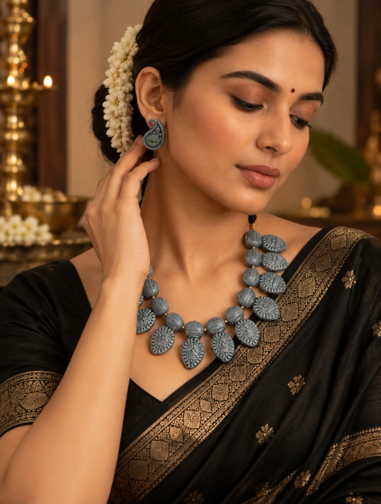 Oxidized Silver Rajmala Terracotta Jewellery Set