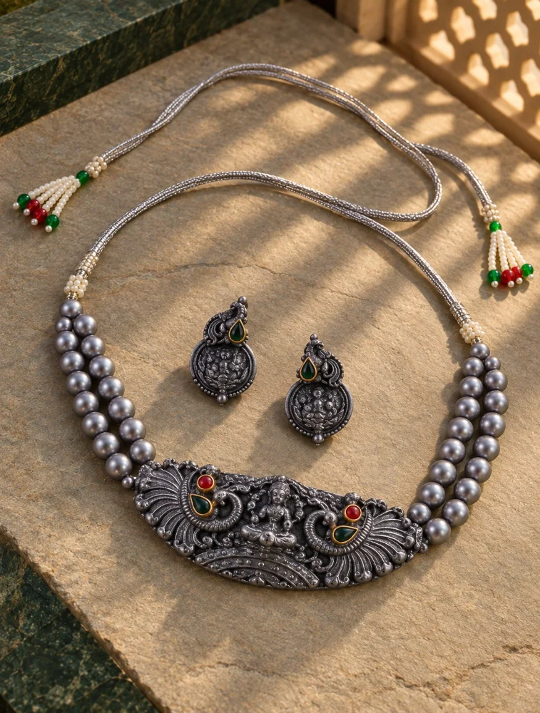 Oxidized Silver Regal Peacock Terracotta Jewellery Set      