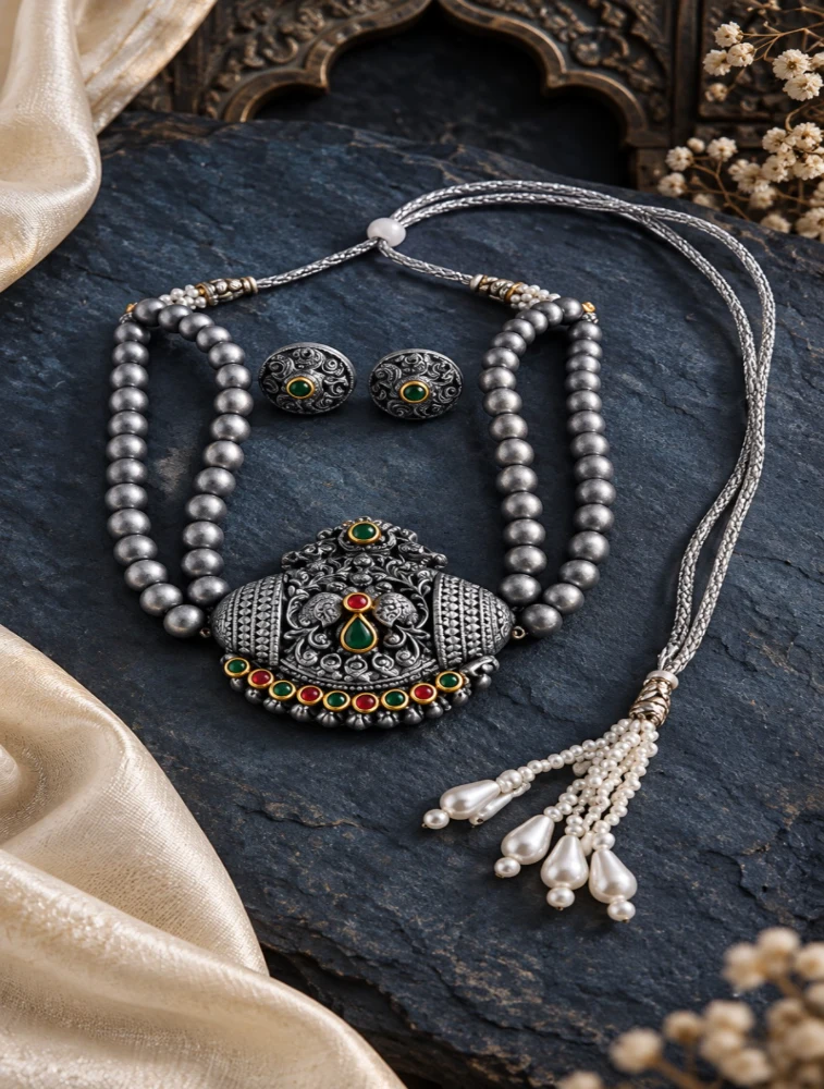 Oxidized Silver Regal Peacock Terracotta Jewellery Set     