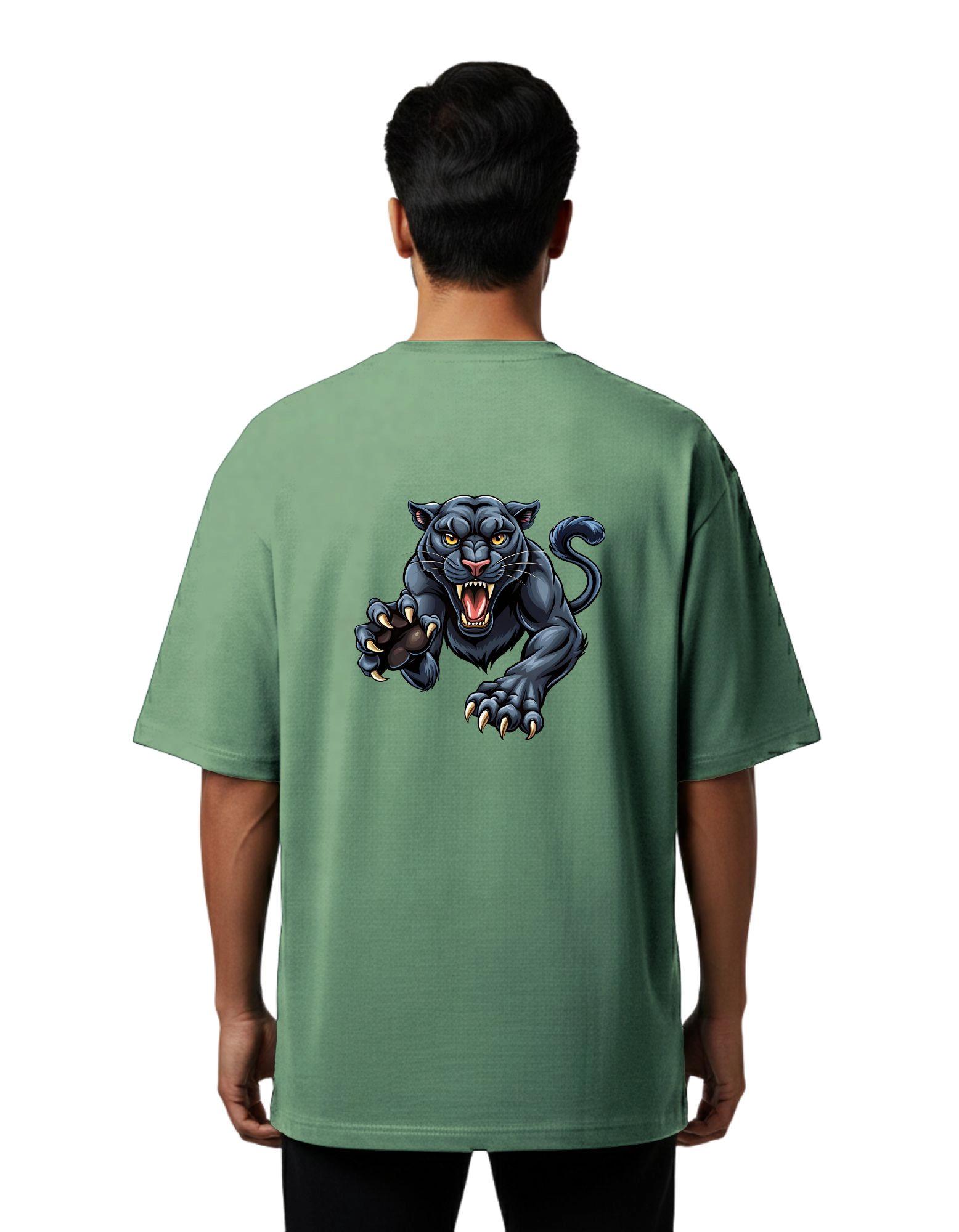 Panther Graphic Oversized Cotton French Terry T-Shirt 240 GSM D Green