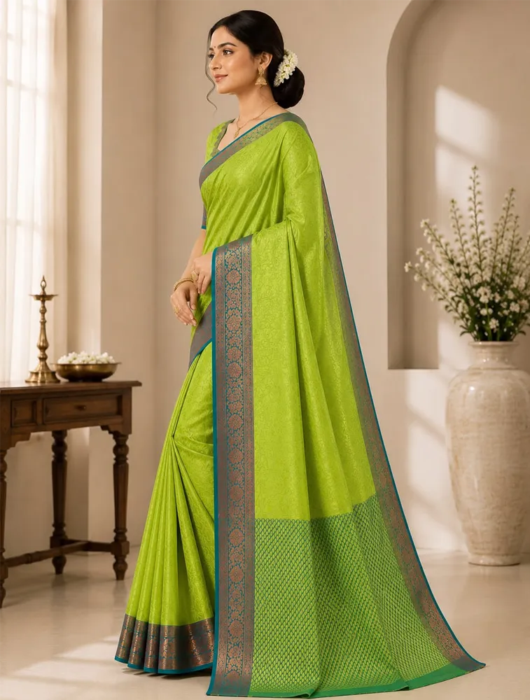 Parrot Green  Printed Pure Linen Classic Sarees Collection