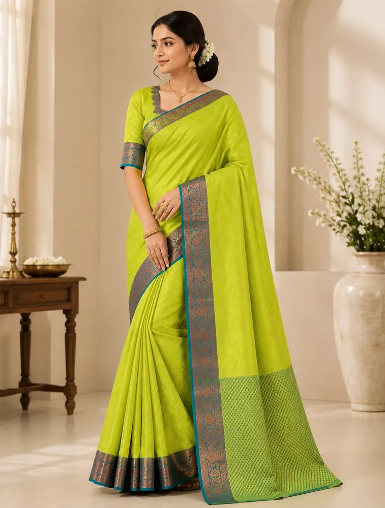 Parrot Green  Printed Pure Linen Classic Sarees Collection — bulk from ₹1489