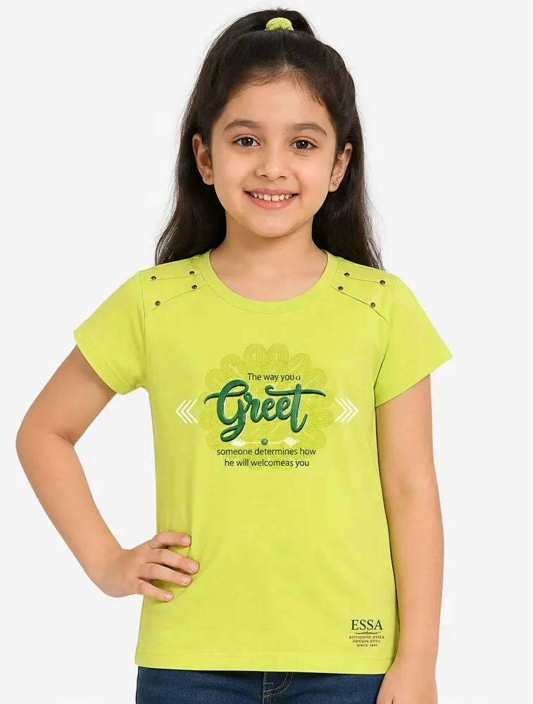 Parrot Green Girls Graphic Printed Cotton Half Sleeve T Shirt