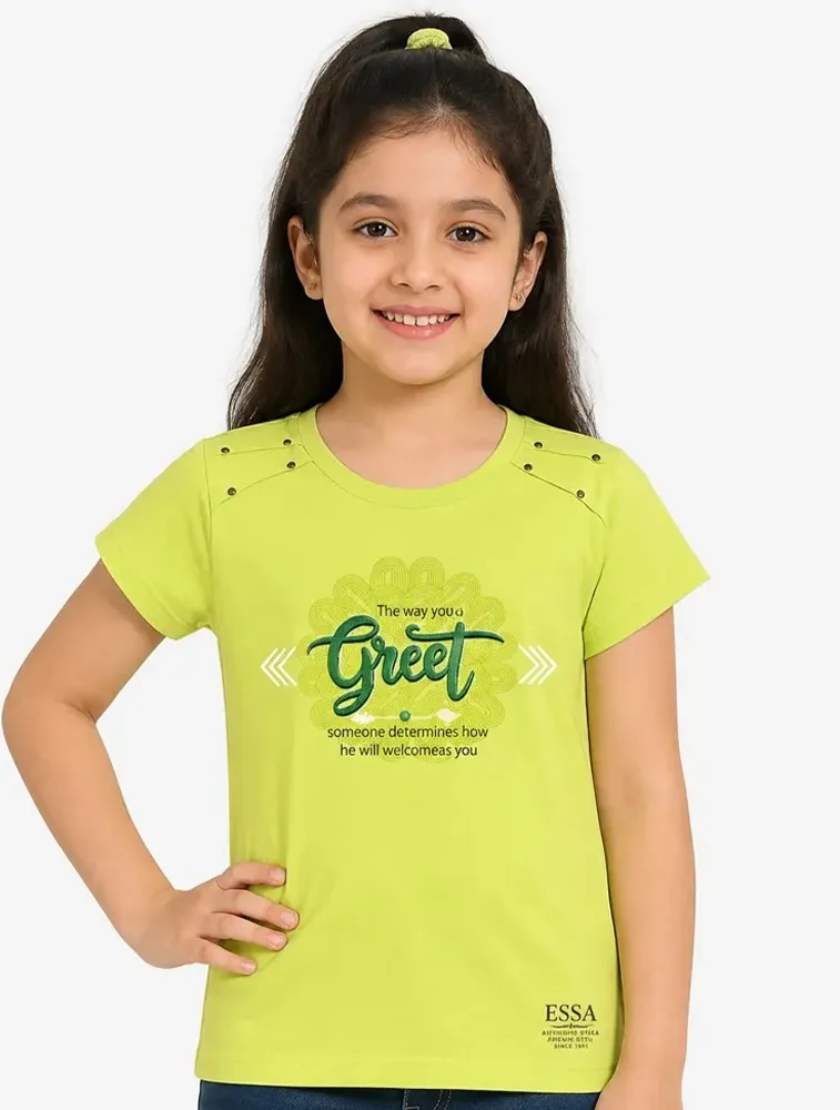 Parrot Green Girls Graphic Printed Cotton Half Sleeve T Shirt