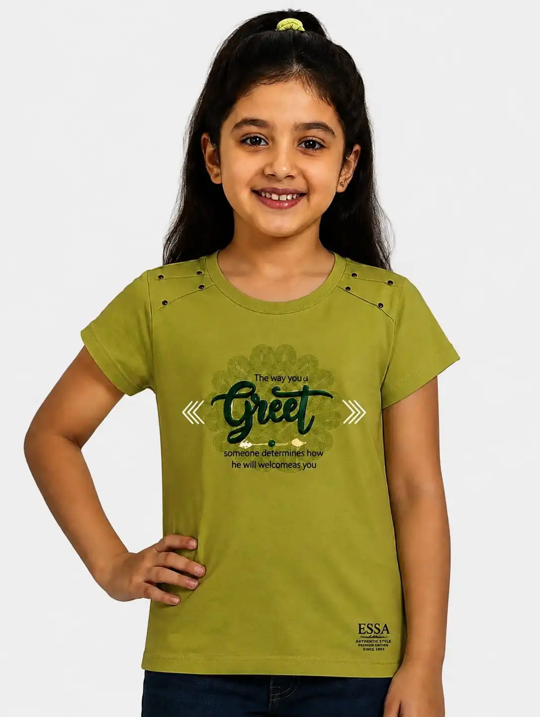 Parrot Green Girls Graphic Printed Cotton Half Sleeve T Shirt
