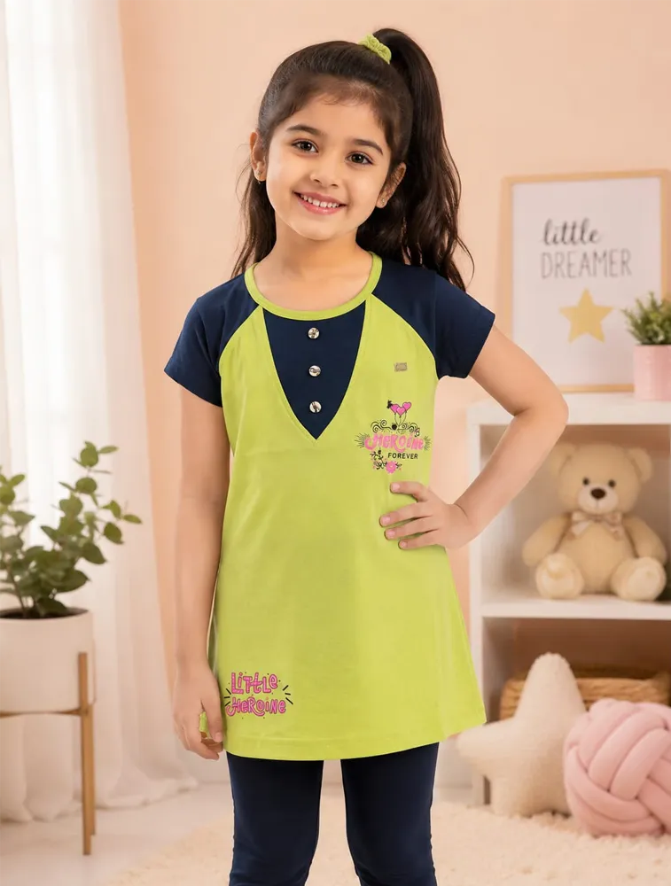 Parrot Green Girls Graphic Printed Cotton Short Sleeve T Shirt  